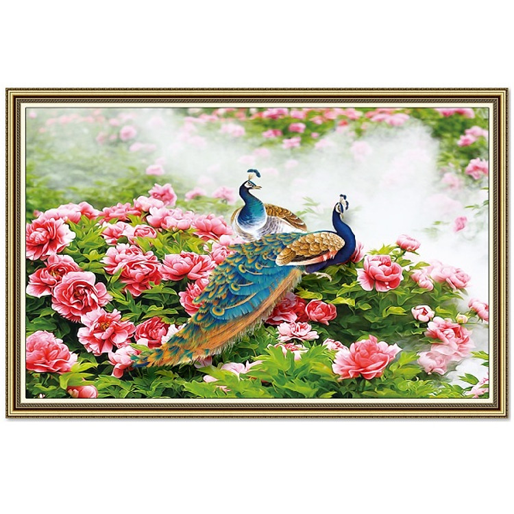 Tranh dán tường trang trí phòng ngủ đôi chim công bên hoa mẫu đơn LunaTM-0239K