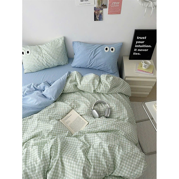 Bộ vỏ chăn ga gối cotton tici LIDACO họa tiết kẻ đôi mắt hiện đại bo chun đủ mọi cỡ nệm