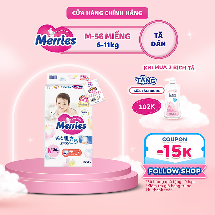 Tã bỉm dán Merries size M 56 miếng Chính hãng Ưu đãi