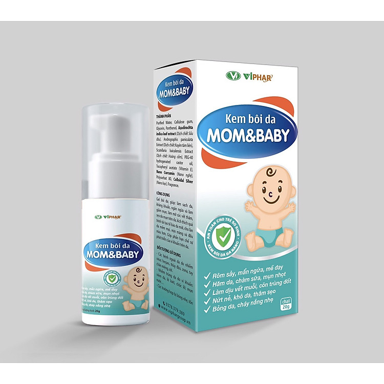 Kem Bôi Da Mom&Baby Viphar giảm rôm sảy, mẫn ngứa, hăm da, ngứa sưng tấy da do muỗi đốt, chai 20g