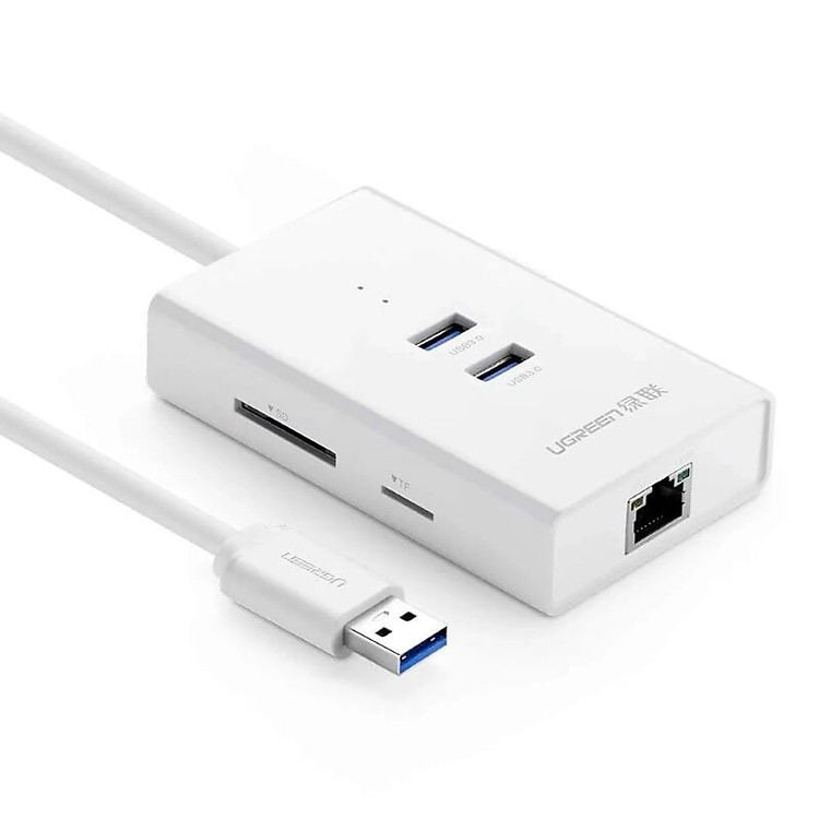 Cáp chuyển đổi USB 3.0 Sang 1*Lan RJ45 hổ trợ 1Gbps, 2*USB 3.0, đầu đọc thẻ SD/TF dây dài 50cm màu Trắng Ugreen UNW20248CR103 hàng chính hãng