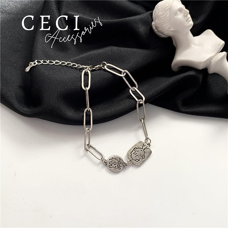 Vòng tay lắc tay dây xích nữ cá tính, khắc hình em bé và chữ Made for you by Ceci H004