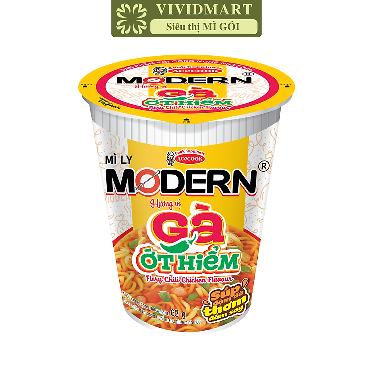 ACECOOK - Mì ly Modern hương vị Gà ớt hiểm, Mì ly gà ớt hiểm Modern ăn liền, Mì Modern ly ăn liền (65g/ly)