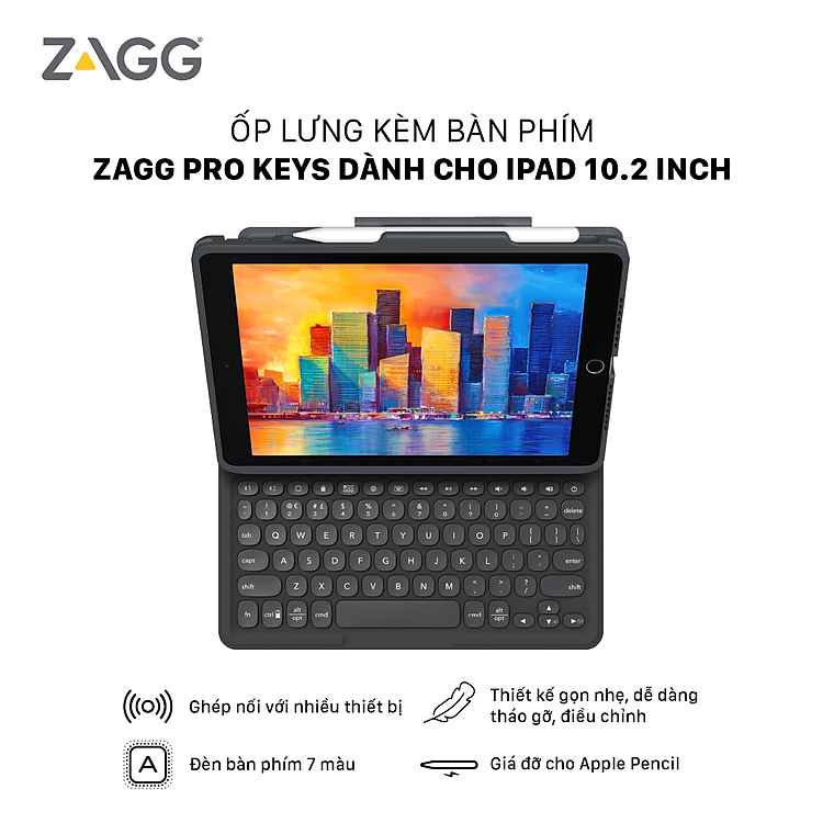 Ốp lưng kèm bàn phím dành cho ZAGG Keyboard Pro Keys iPad 10.2 inch - Black/Gray-UK - 103407134 - Hàng chính hãng