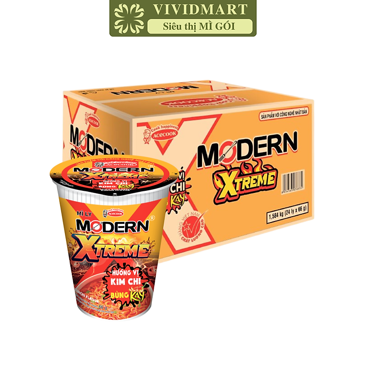 ACECOOK - Mì ly Modern Xtreme hương vị Kim chi, Mì Kim chi Modern Xtreme ly, Mì Modern Extreme ly ăn liền (65g/ly)