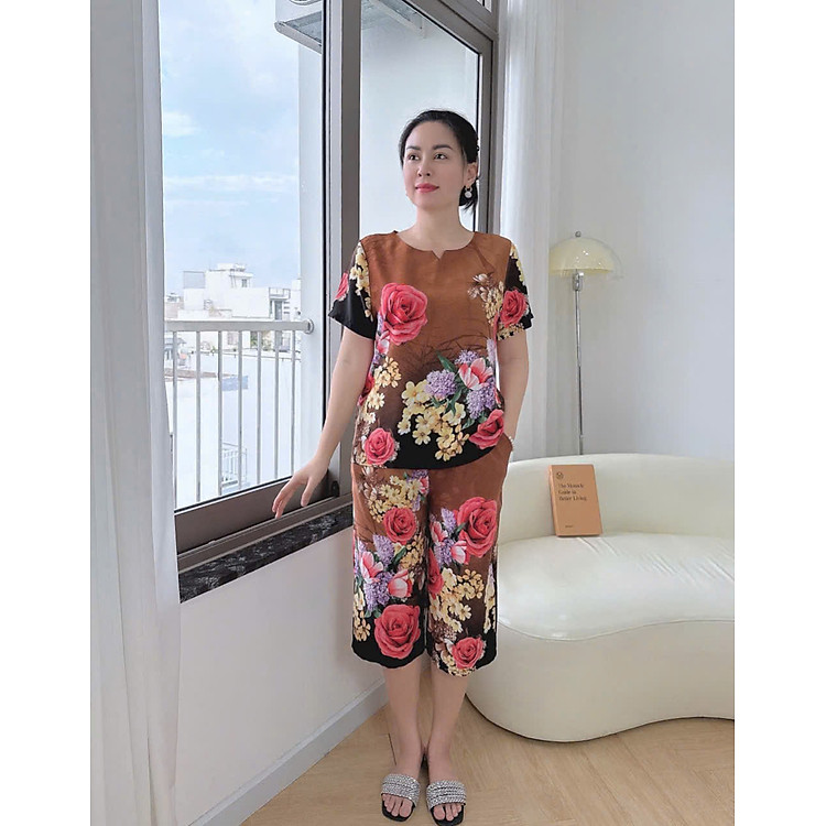 Đồ Bộ Ngủ Trung Niên Quần Lửng Chất Vải Lụa Bộ Lửng Mặc Nhà Cho Mẹ Đồ Ngủ Trung Niên