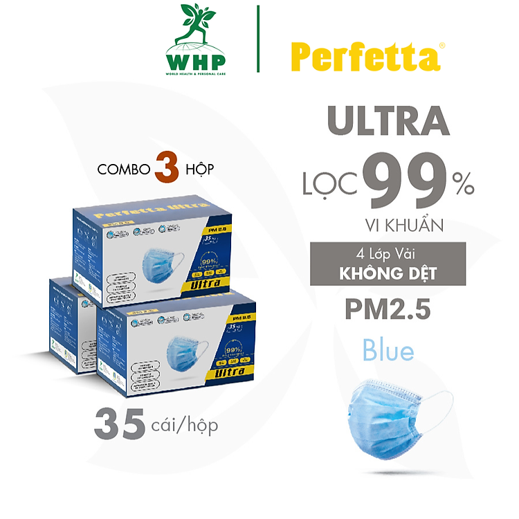 Combo 3 hộp Khẩu trang y tế 4 lớp Perfetta Ultra Lọc bụi, kháng khuẩn, kháng vi rút, lọc bụi mịn 2.5pm (35 cái/hộp)
