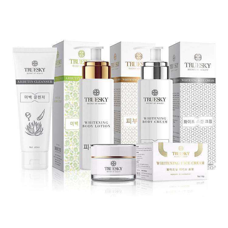 Bộ Truesky VIP08 gồm 1 kem ủ trắng body & 1 kem dưỡng trắng da mặt & 1 sữa rửa mặt trắng da & 1 kem dưỡng trắng body