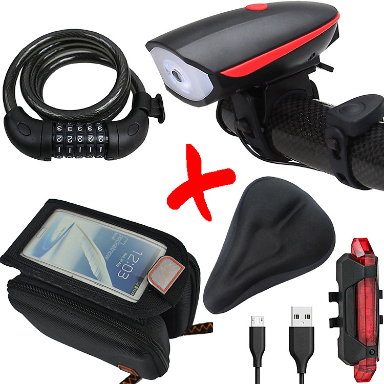 COMBO5 Bộ Phụ Kiện Xe Đạp Thể Thao | Túi Treo Khung , Khóa Xe Đạp 5 Số | Đèn Pha Xe Đạp Kết Hợp Còi 7588, Đèn Hậu Sạc USB Và Bọc Yên