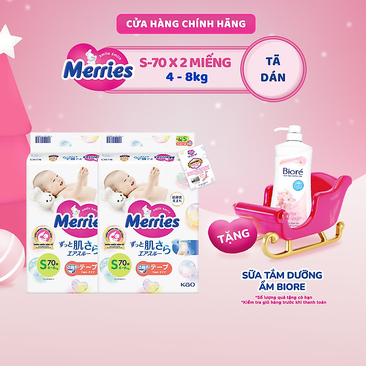 Combo 2 Tã/bỉm dán Merries Đủ Size NB76/S70/M56/L48/XL40