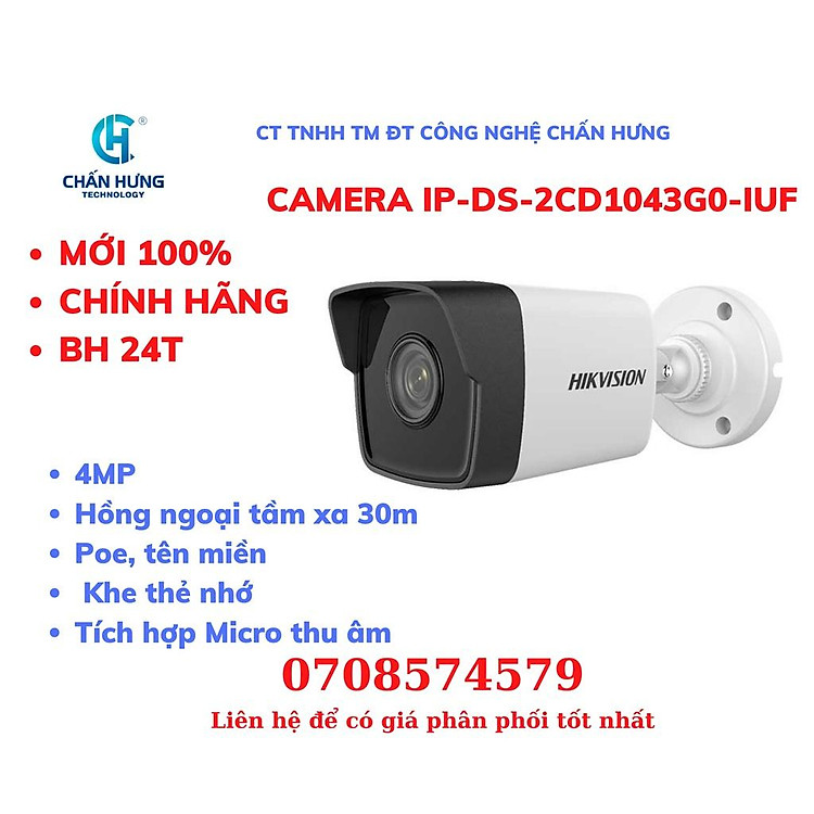 Camera IP HIKVISION DS-2CD1043G0-IUF/ DOME DS-2CD1143G0-IUF 4MP thân trụ ngoài trời có mic - Hàng chính hãng