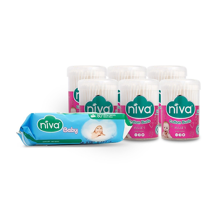 Combo 06 Hũ xoay Tăm Bông Niva Trẻ Em 150 que - TẶNG 01 Khăn Ướt Niva 80 Miếng