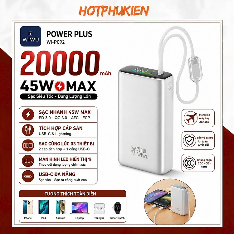 Pin sạc dự phòng PD 3.0 sạc nhanh 45W 20.000mAh tích hợp dây Type C + L(iP) WIWU POWERPLUS Cho iPhone Laptop Macbook - sạc nhanh ổn định, tối ưu hiệu suất, Chuẩn an toàn 3C / CCC / CE / RoHS, Thiết kế nhỏ gọn, cao cấp - Hàng nhập khẩu