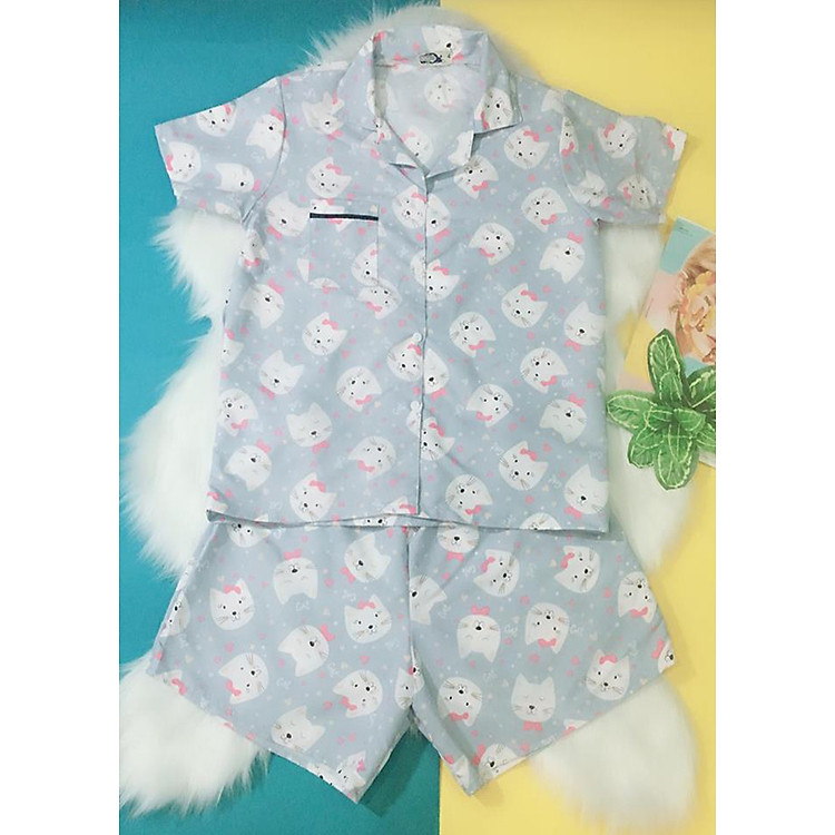 Bộ Ngắn Mặc Nhà Pijama Thái (Free Size) Vải Kate Họa Tiết Mèo Pijama0308 - Xám