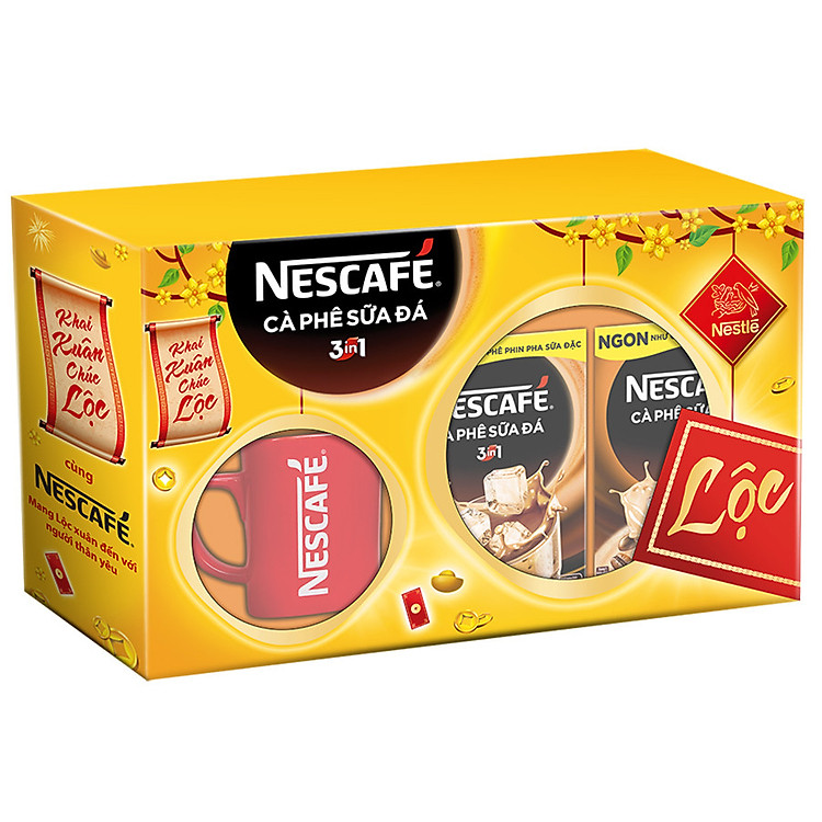 Hộp quà Tết Cà phê hòa tan NESCAFÉ 3in1 Cà phê sữa đá với ly sứ đỏ (2 hộp x 10 gói x 20g)