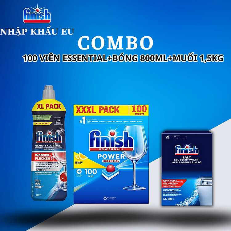 Combo Viên rửa bát fnish All in one 100 viên+Dung dịch nước làm bóng finish 750ml+Muối rửa bát chén finish 750ml cho Máy rửa bát