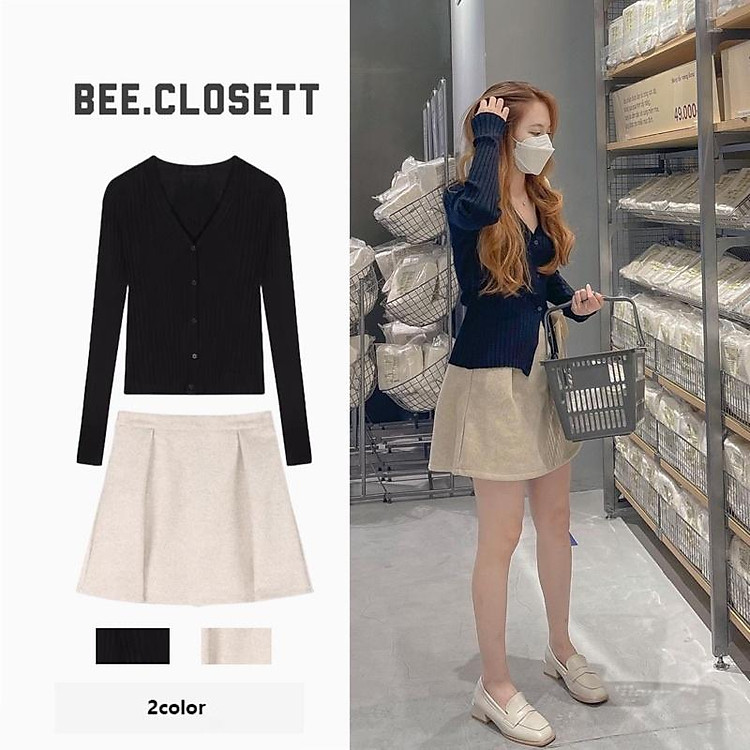 Set áo cardigan len kèm chân váy phồng
