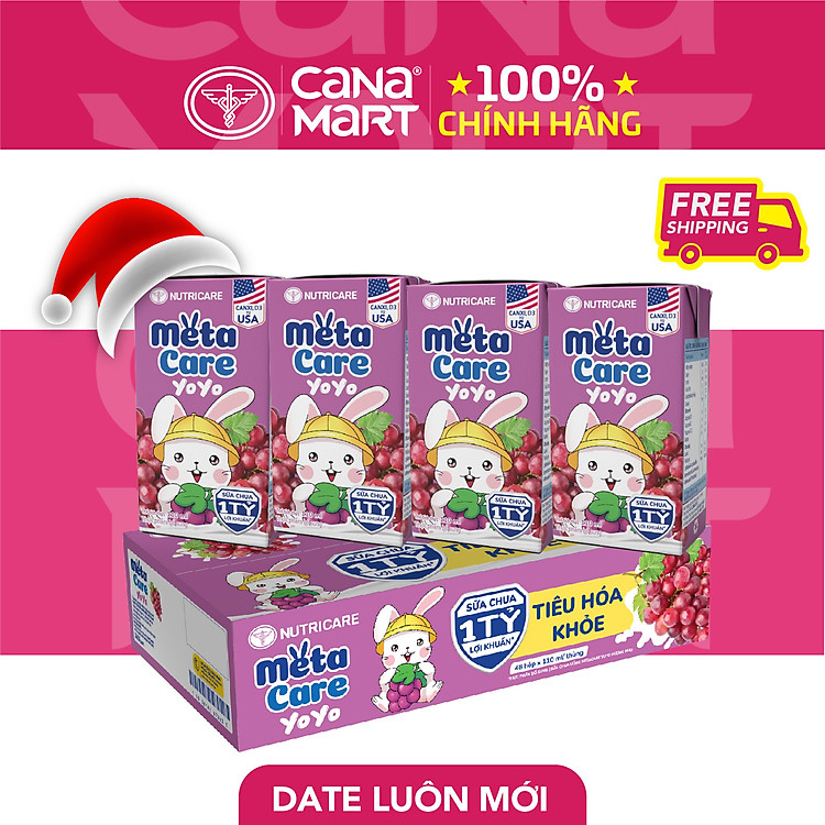 Thùng sữa uống dinh dưỡng vị chua Nutricare Metacare Yoyo tinh anh cao lớn hương cam, dâu, đào (110ml x 48 hộp)