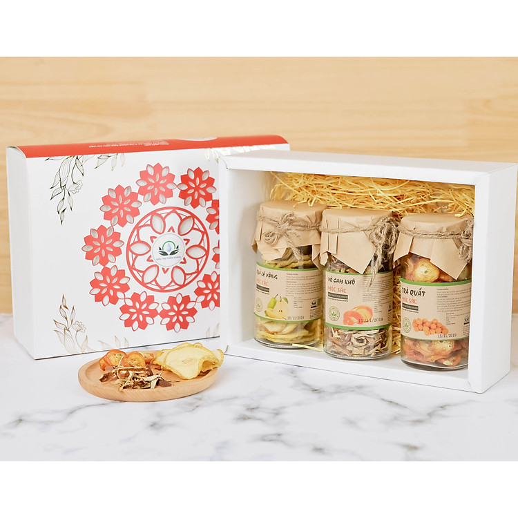 Hộp quà tặng trà hoa cao cấp - Set 18: Trà Quất, Lê Vàng, Vỏ cam