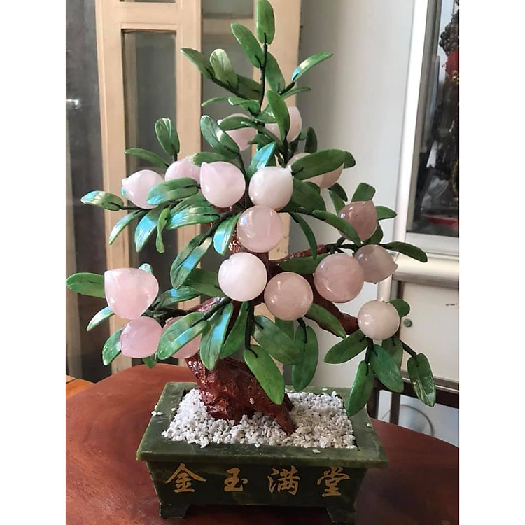 TƯỢNG CÂY ĐÀO PHONG THỦY ĐÁ THẠCH ANH HỒNG 18 QUẢ ĐẸP CAO 45CM ĐK 15CM ĐÁ THẠCH ANH HỒNG LÁ ĐÁ CẨM THẠCH TỰ NHIÊN BIỂU TƯỢNG SỰ SUNG TÚC