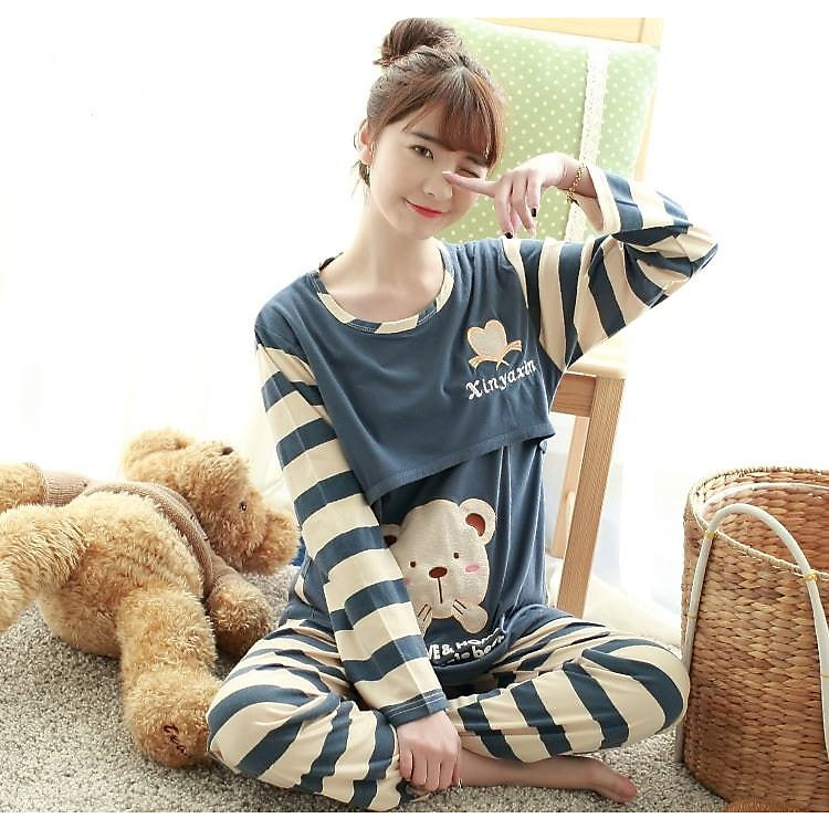 Bộ đồ bầu và sau sinh cho bé ti hình gấu kẻ xanh hàng Quảng Châu - BD25