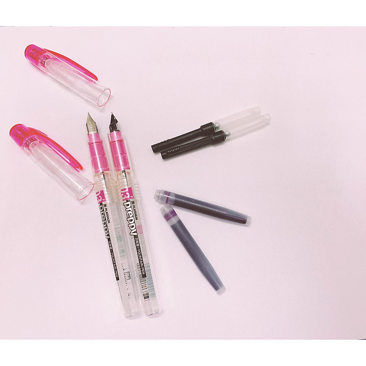combo 2 bút preppy vỏ hồng thân trong, 2 ống mực tím và 2 piston bơm mực
