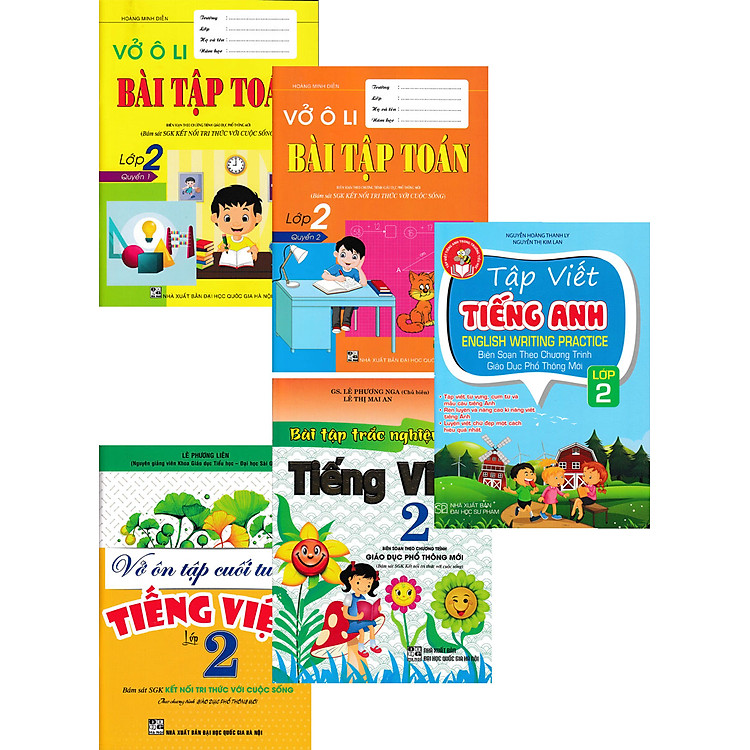 COMBO VỞ Ô LI BÀI TẬP TOÁN - TẬP VIẾT TIẾNG ANH - VỞ ÔN TẬP CUỐI TUẦN VÀ BÀI TẬP TRẮC NGHIỆM TIẾNG VIỆT LỚP 2 (BÁM SÁT SGK KẾT NỐI TRI THỨC VỚI CUỘC SỐNG) (BỘ 5 CUỐN)