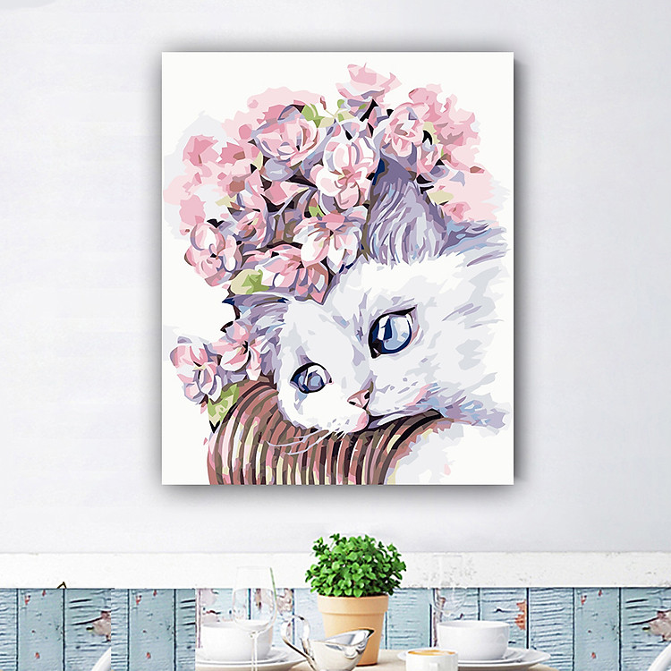 Tranh tô màu theo số mèo đội hoa 104