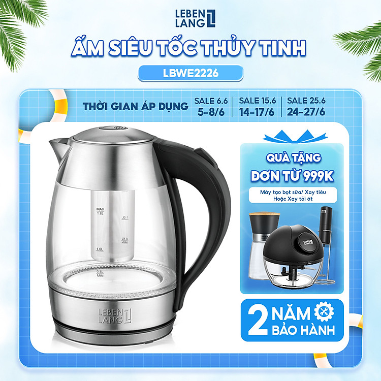 Ấm siêu tốc, bình thủy tinh Lebenlang LBLB2226 có lõi lọc trà, công suất 2200W, dung tích 1800ml, bảo hành 2 năm - hàng chính hãng