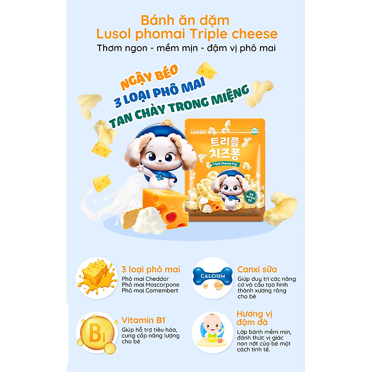 Bánh ăn dặm Lusol vị sữa chua chuối và phô mai Triple Cheese Lusol cho bé từ 12 tháng