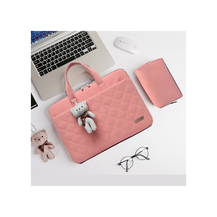 Túi xách chống sốc thời trang cho Laptop, Macbook tặng kèm túi đựng phụ kiện và gấu bông treo
