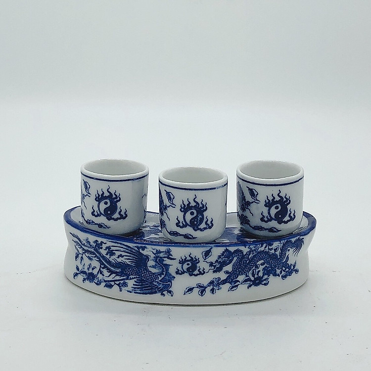 Kỷ chén thờ men xanh lam - họa tiết rồng phượng