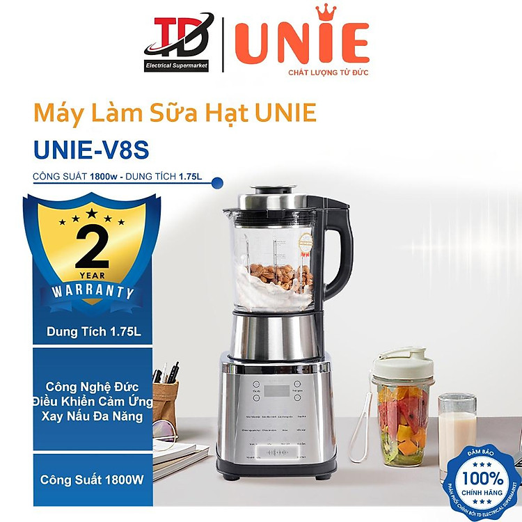 Máy Làm Sữa Hạt Unie V8S, 1.75Lit-1800W, 12 Chức Năng Xay Nấu Đa Năng, Hàng Chính Hãng