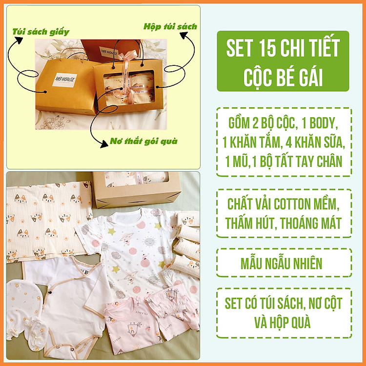 Set đồ sơ sinh cotton 18 chi tiết mùa xuân hè thu cho bé trai và bé gái (3 bộ bồ, 1 yếm choàng lớn, 1 gối, 1 yếm tròn nhỏ, 1 yếm tam giác, 4 khăn sữa, 1 mũ, 1 đôi tất tay, 1 đôi tất chân)