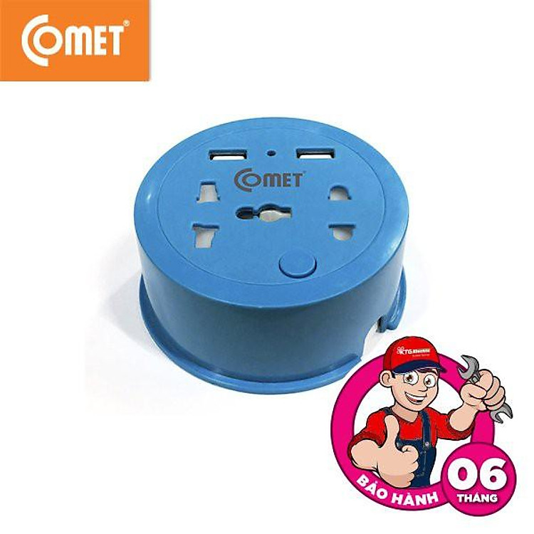 Ổ cắm điện du lịch Comet CES9111 MÀU XANH dây dài 1m, 2 ổ USB, 1 ổ 3 chấu, 1 ổ 2 chấu - Hàng chính hãng