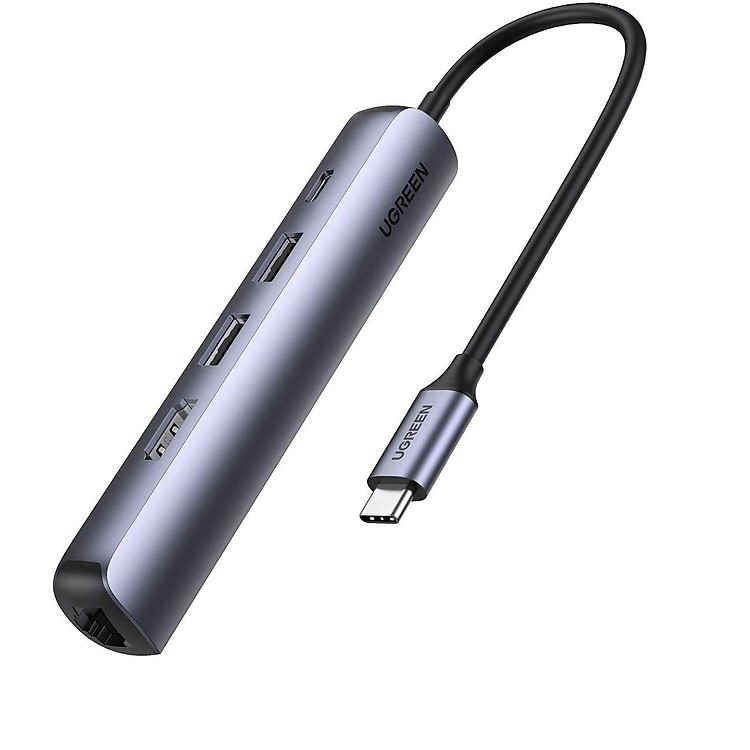 Bộ chuyển type c ra 2 * USB 3.0 A + HDMI + RJ45 giga + PD  5 trong 1 4K 60Hz PD 100W 1000Mbps màu xám Ugreen418bc10919CM  - Hàng chính hãng