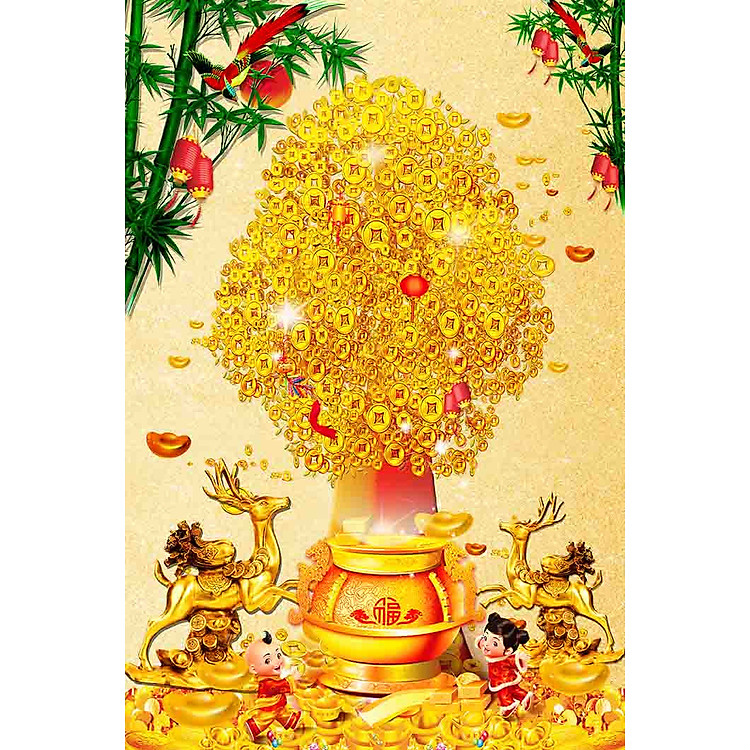 Tranh PHONG THỦY,TRANH CÂY KIM TIỀN TÀI LỘC TRANH HOA 3D,,tranh dán tường 3D KT LỚN,,PVP-PPKT9