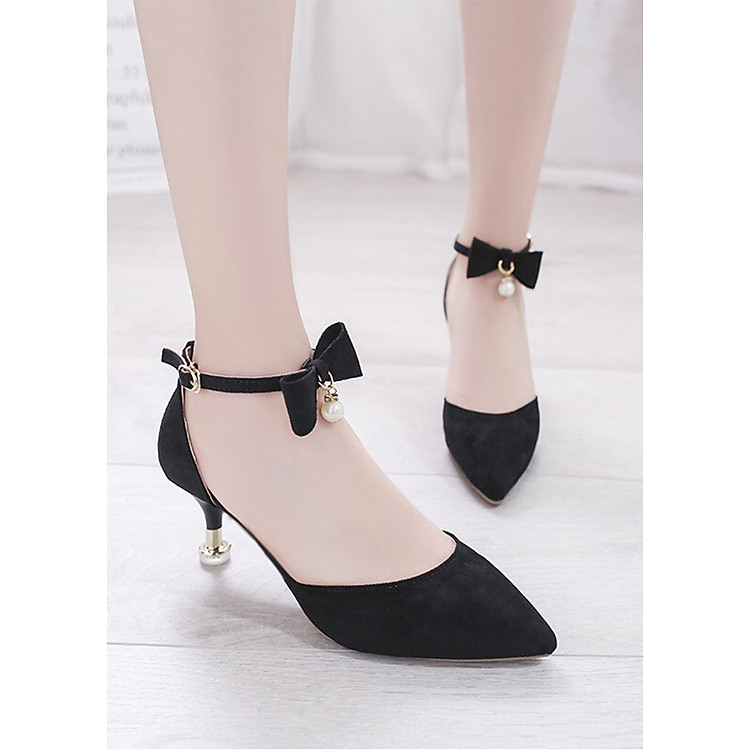 Giày Cao Gót Nữ Đẹp 5 Phân Da Lộn Bít Đầu Mũi Nhọn Phối Nơ Ngọc