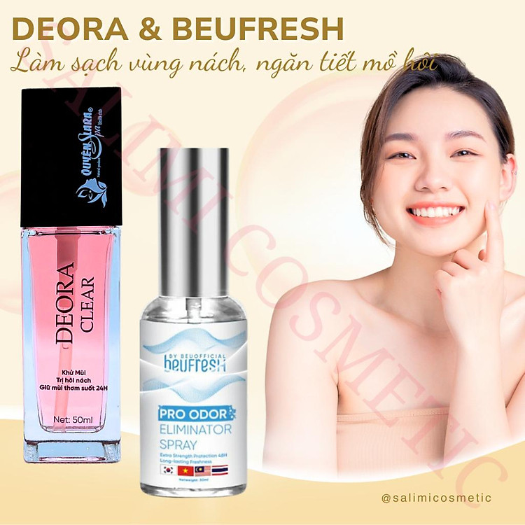 COMBO Xịt Khử Mùi Hôi Nách BEUFRESH 30ml & DEORA CLEAR 50ml, Khử Mùi Toàn Thân, Ngăn Tiết Mồ Hôi