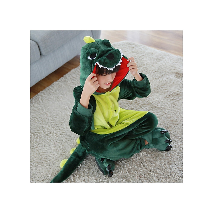 Bộ đồ liền thân lông mịn hình khủng long đủ size cho bé và cho người lớn