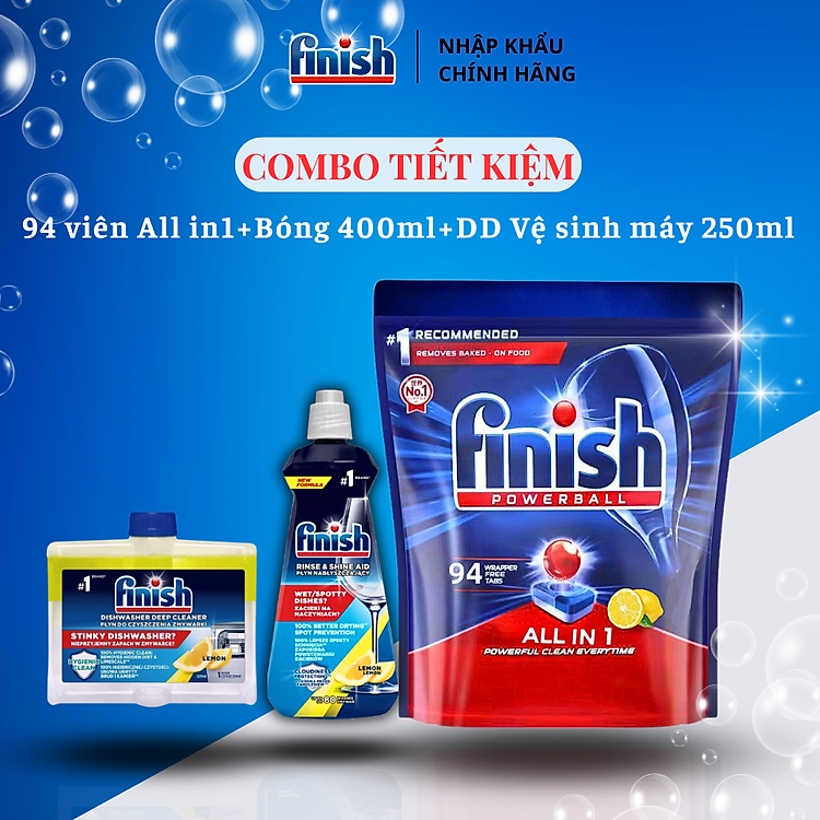 Combo tiêu chuẩn: 3 X Túi 24 Viên Nước Rửa Bát All In One + Nước Làm Bóng Rinse & Shine Aid + Dung Dịch Tẩy Rửa Máy Rửa Chén Bát