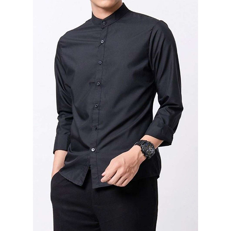 Áo Sơ Mi Đen Nam Cổ Tàu Chất Lụa Co Giãn Nhẹ SM03