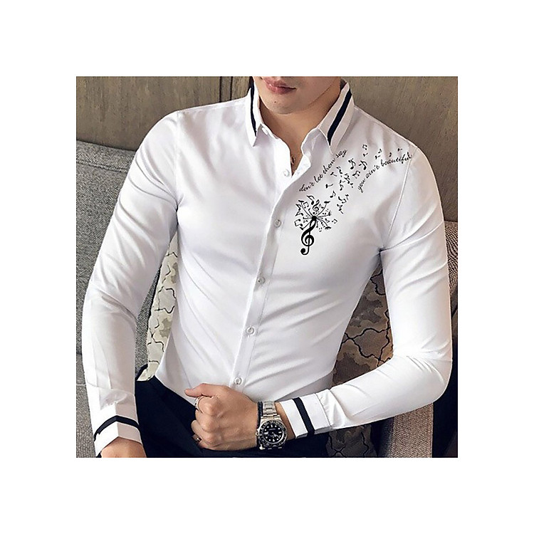 Áo Sơ Mi Trắng Nam Họa Tiết Bên Vai Phải