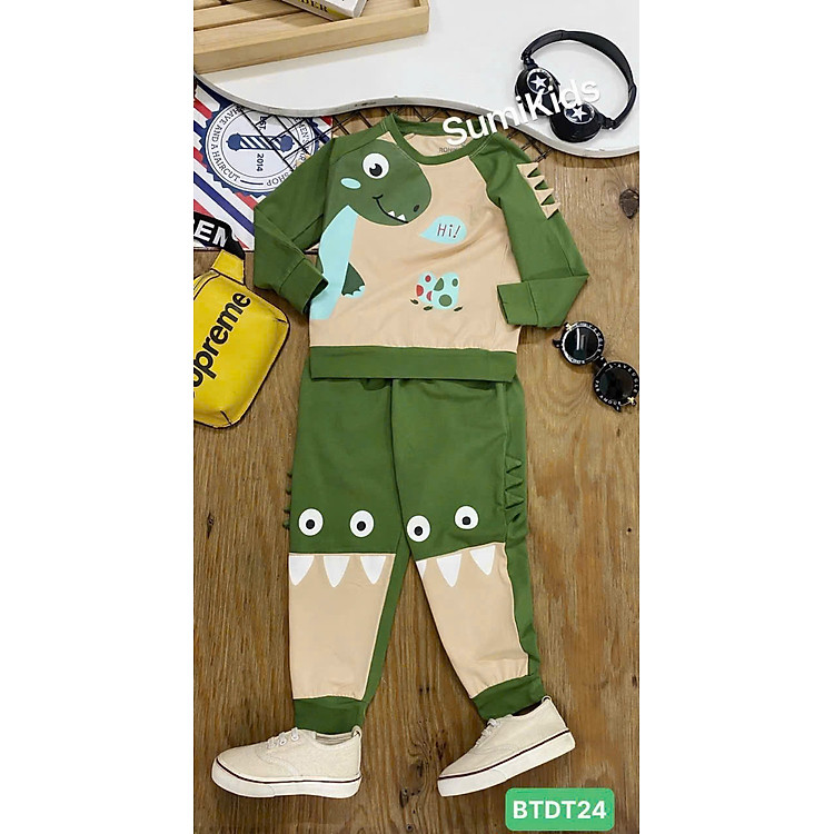 Đồ bộ ngủ dài tay cho bé trai bé gái hình khủng long từ 12-40kg chất cotton mềm mát