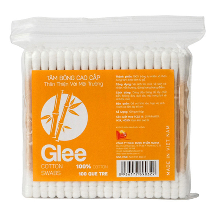 Tăm Bông Người Lớn Que Thân Gỗ Glee (Gói 100 Que)