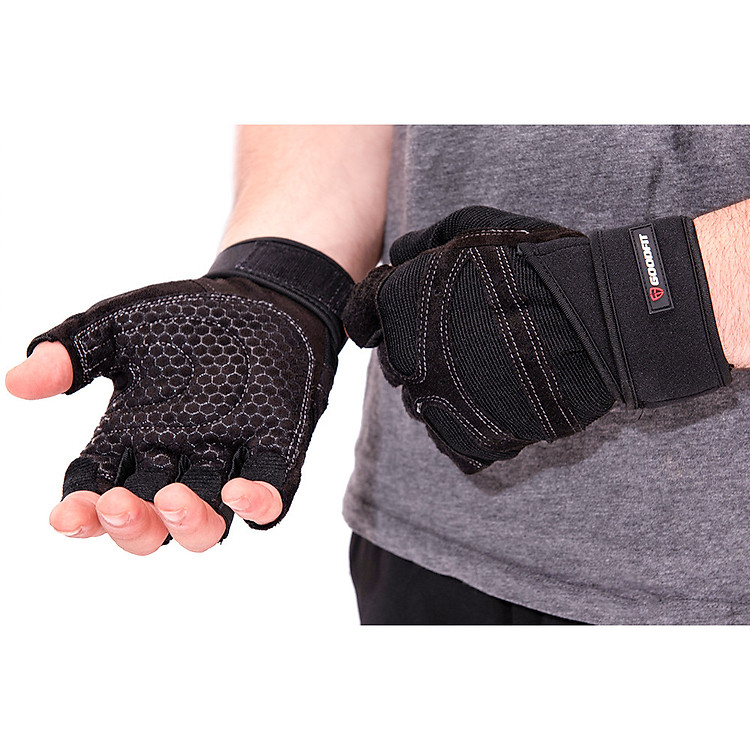 Găng tay tập gym nữ/nam hở ngón, bao tay tập Gym nữ/nam có quấn trợ lực cổ tay, đệm Silicone chống trượt GoodFit GF201G
