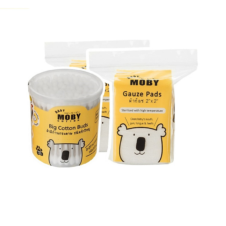 02 Gói gạc rơ lưỡi (50 miếng/gói) & 01 Hộp bông tăm Moby cỡ lớn (110 chiếc/hộp)