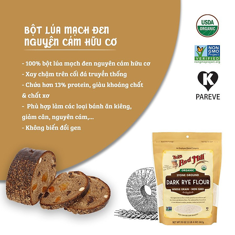 Bột Mì Đen - Lúa Mạch Đen - Nguyên Cám Hữu Cơ Organic Dark Rye Flour Bob's Red Mill Usa 567gr