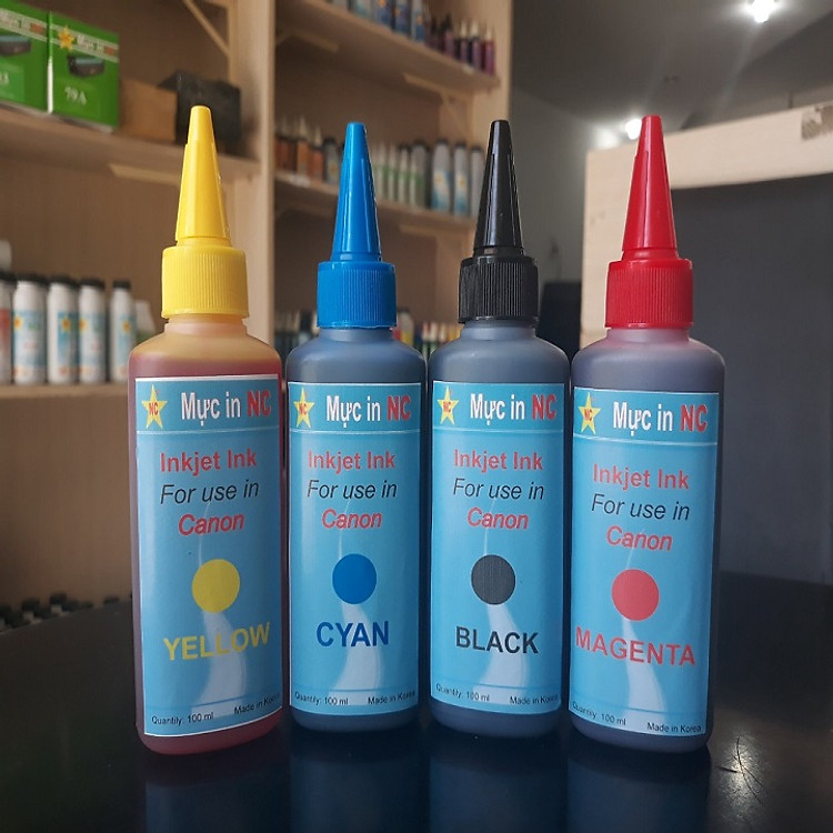 Bộ 4 chai mực bơm máy in phun Canon màu chuẩn, bảo vệ đầu phun. Mực nước máy in Inkjet Ink Canon chính hãng thương hiệu NC