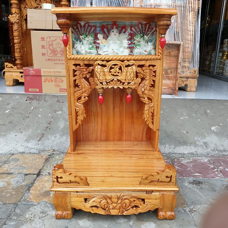 Bàn thờ thần tài ông địa gỗ xoan ngang 42 cm điện tử